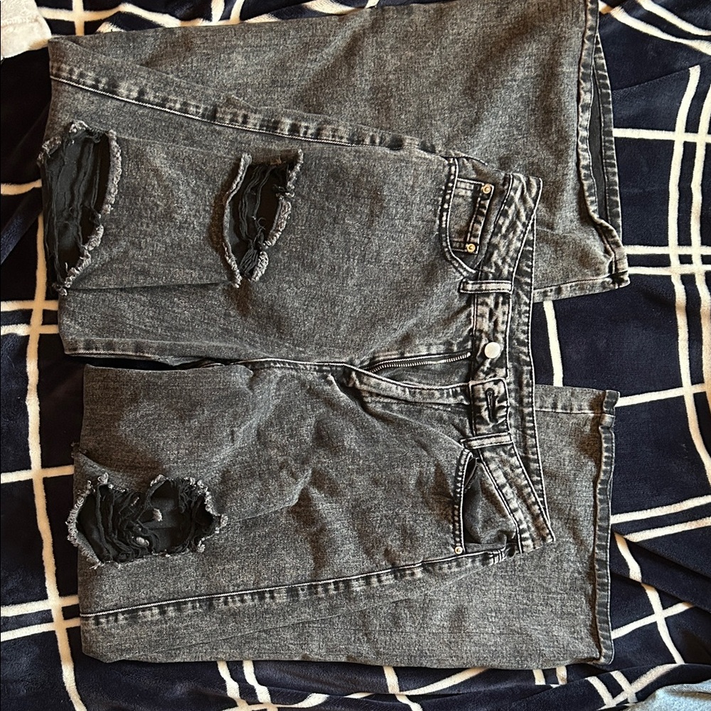 SHEIN Gray Distressed High-Waist Wide Leg Jeans